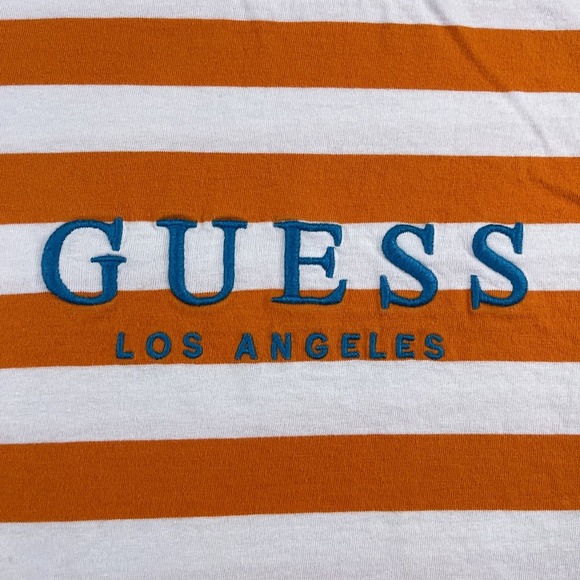 GUESS Shirt Mens Medium Orange White Stripes Streetwear Short Sleeve Embroidered - Picture 3 of 11